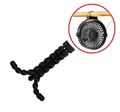 Schwarzer tragbarer Ventilator mit flexiblen Beinen, ideal für Kinderwagen oder Outdoor-Aktivitäten.