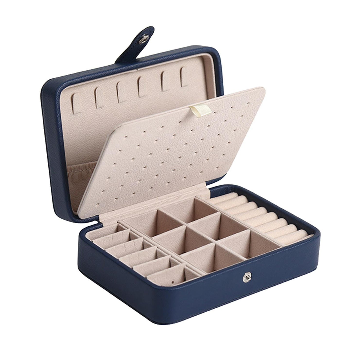Blaue Schmuckbox aus Leder, offen, mit Fächern für Ringe und Ohrringe, tragbar, elegant.