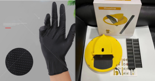 Schwarzer Nitrilhandschuh und gelbe Mausefalle mit Zubehör auf schwarzem Hintergrund.