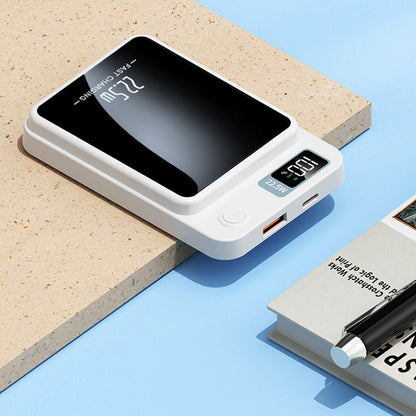 Vit bärbar laddare liggande på en skiva, med USB-A-port, USB-C-port, strömknapp och batteriskärm synliga, bredvid en bok och en penna. 6