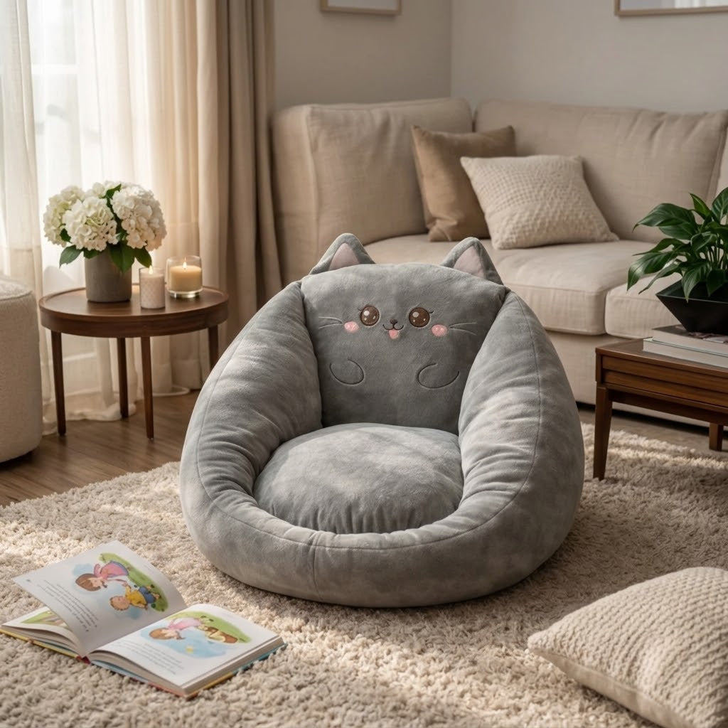 Grå kattformad sittsäck med öron och broderat ansikte i ett vardagsrum med soffa 5