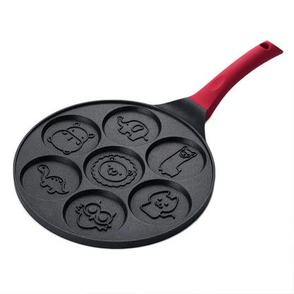 Pfannkuchenpfanne mit Tiermotiven, Antihaftbeschichtung, roter Griff, sieben Formen, schwarz.