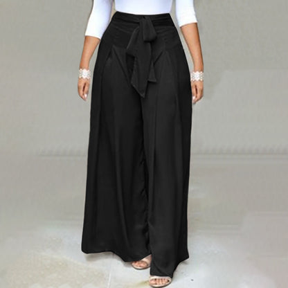Schwarze Damenhose mit weitem Bein, hoher Taille und Bindegürtel, elegant und modisch.