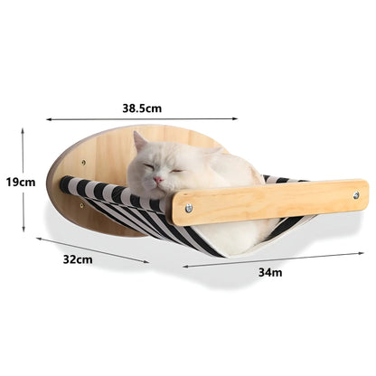 Katzenhängematte Holz, schwarz-weiß gestreift, 38,5x19cm, Wandmontage, schlafende Katze