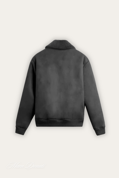 Schwarze Herrenjacke aus Leder mit Kragen, Rückansicht, modisch, warm, elegant.