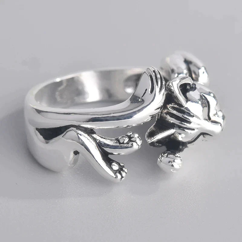 Silberner Katzenring, verstellbar, Tiermotiv, modisches Accessoire, Geschenkidee.