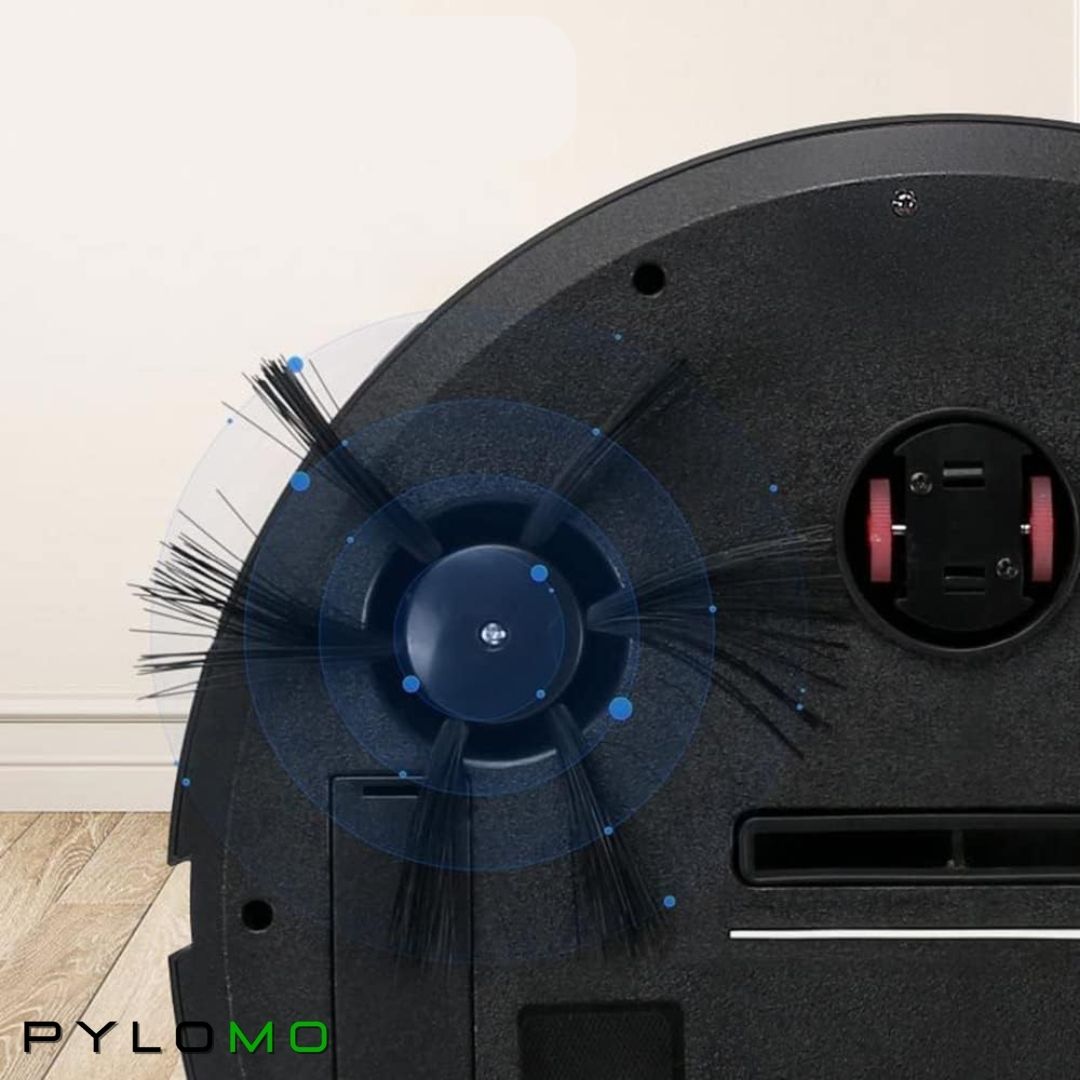 Undersidan av svart robotdammsugare med sidoborste, hjul och sugöppning, illustrerad med blå cirklar runt den roterande borsten. 6