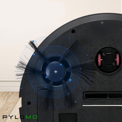 Undersidan av svart robotdammsugare med sidoborste, hjul och sugöppning, illustrerad med blå cirklar runt den roterande borsten. 6