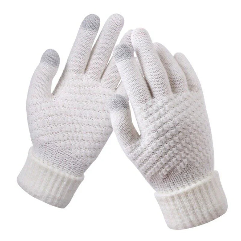 Weiße gestrickte Touchscreen-Handschuhe, rutschfest, für Winter, Unisex.