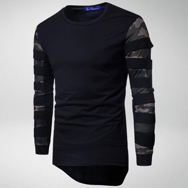 Schwarzes Langarmshirt mit Camouflage-Ärmeln, Herrenmode, Baumwolle, lässig, stylisch.