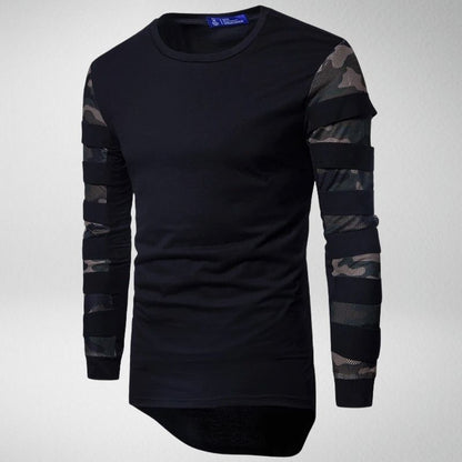 Schwarzes Langarmshirt mit Camouflage-Ärmeln, Herrenmode, Baumwolle, lässig, stylisch.