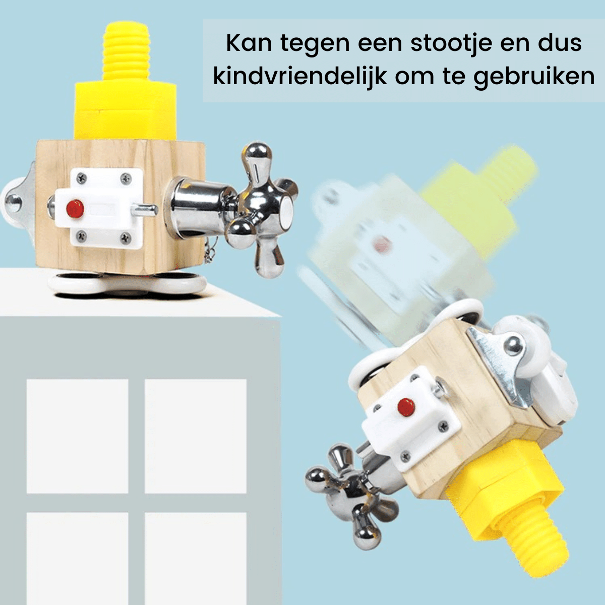 Holzspielzeug mit gelbem Kunststoffteil, kindgerecht, robust, mit Metallgriffen.