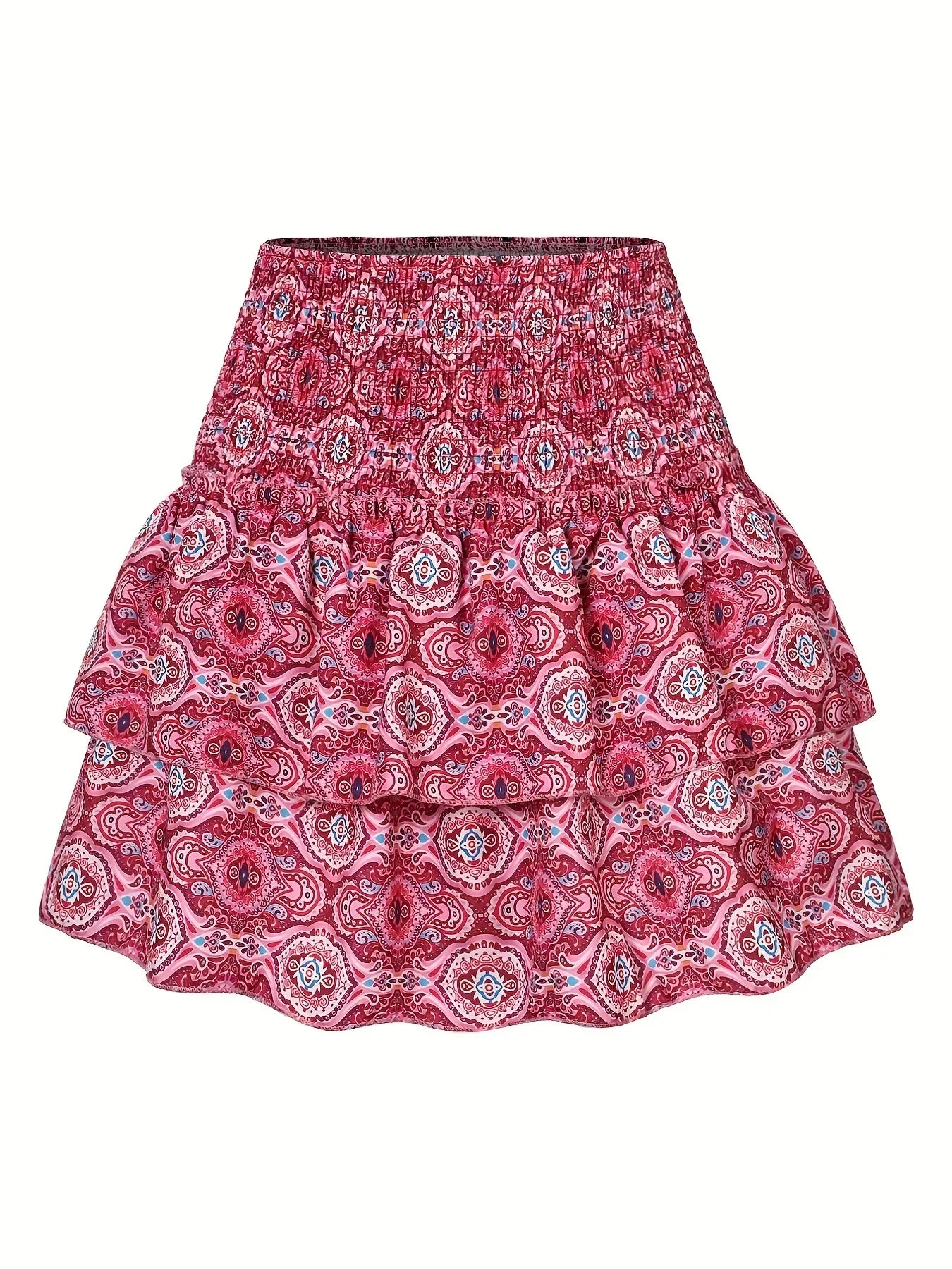 Roter Damenrock mit Paisley-Muster, Rüschen, elastischer Bund, Sommermode, Boho-Stil.