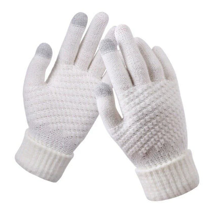 Weiße Touchscreen-Handschuhe, gestrickt, rutschfest, für Winter, Smartphone-kompatibel.