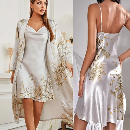 Tvådelat satin-nattlinne & kimono med blommönster – Noelle