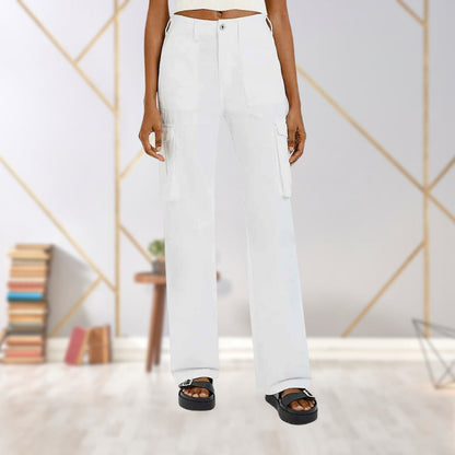 Weiße Damen-Cargohose, hohe Taille, weites Bein, Taschen, modisch, bequem, Freizeitkleidung.