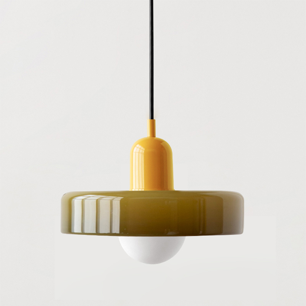 Moderne Pendelleuchte aus Glas, gelb-oliv, minimalistisches Design, Innenbeleuchtung.