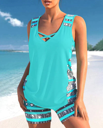 Trendig badmode med V-ringning och geometriskt mönster – Tankini-set Madonna