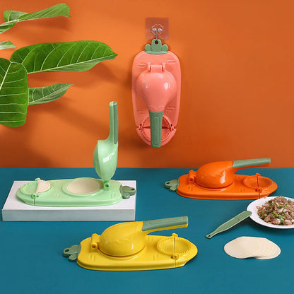 Bunte Teigtaschenpresse aus Kunststoff, Set in Gelb, Orange, Grün, für Küche, Teigzubereitung.