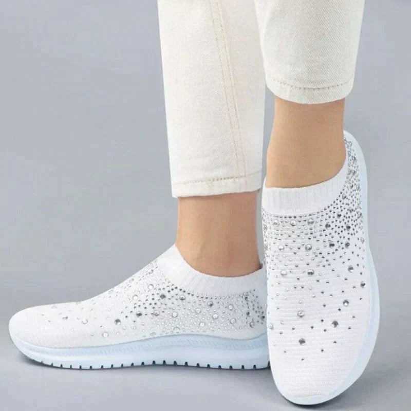 Weiße Damen-Sneaker mit Strass, atmungsaktiv, bequem, modisch, für Freizeit und Sport.