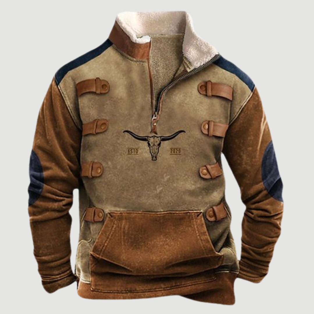 Brauner Herren-Pullover mit Stierkopf-Design, Kunstlederdetails, Reißverschluss, warmes Fleece.