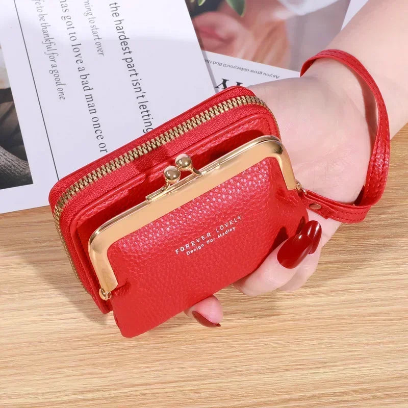 Rote Damen-Geldbörse aus Leder mit Reißverschluss und Schnappverschluss, elegante Handtasche.