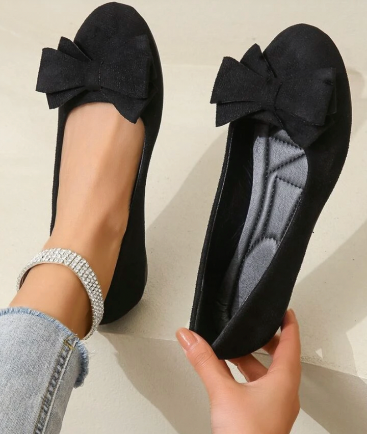 Schwarze Ballerinas mit Schleife, Damen, Wildleder, elegant, bequem, modisch, flach.