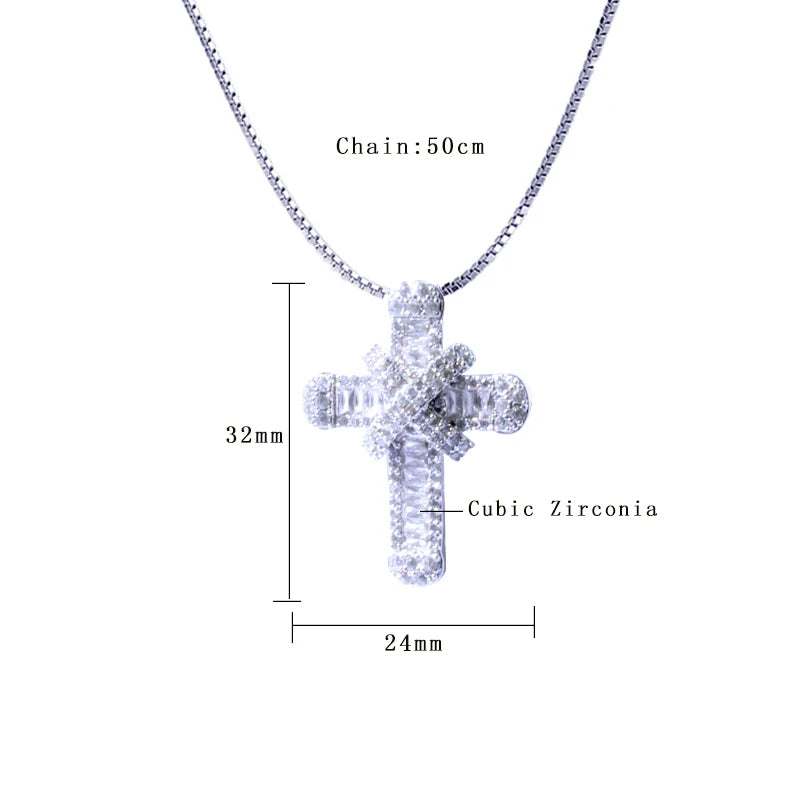 Silberne Kreuzkette mit Zirkonia, 50cm Länge, 32mm Anhänger, eleganter Schmuck für Damen.