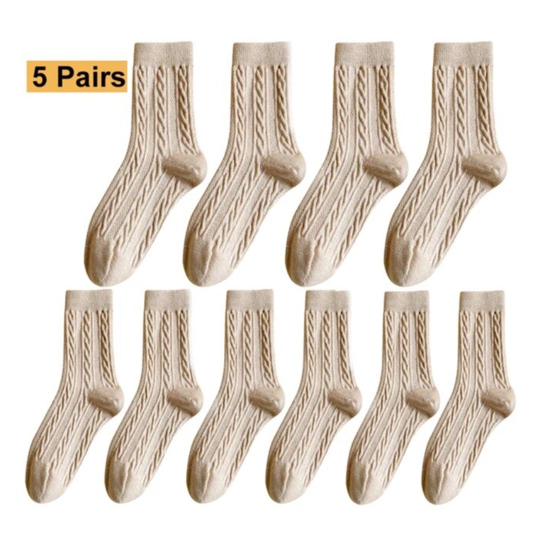 5 Paar beige Stricksocken, Baumwolle, warm, bequem, für Damen und Herren, Winterkleidung.