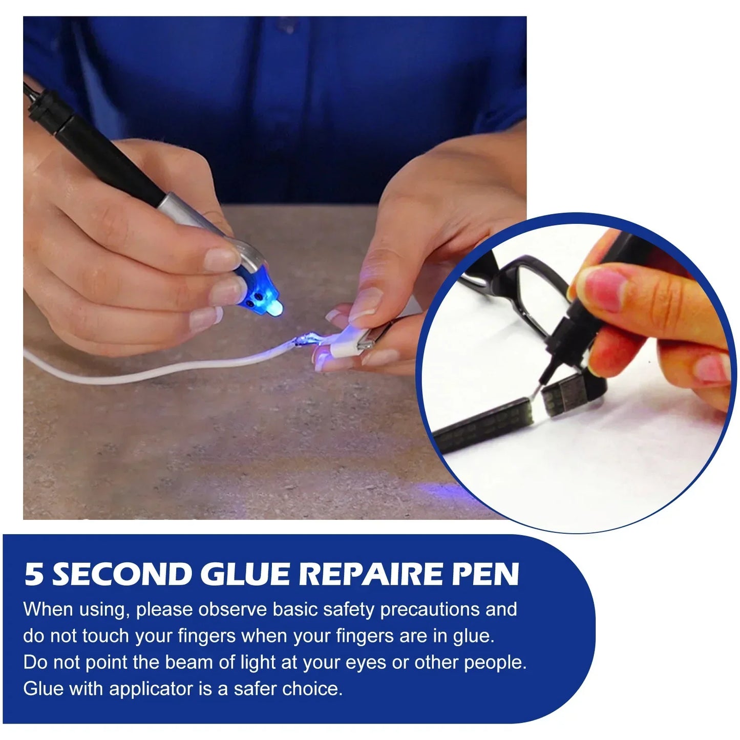 5-Sekunden-Klebestift mit UV-Licht, schnelle Reparatur, präzise Anwendung, handgehalten.