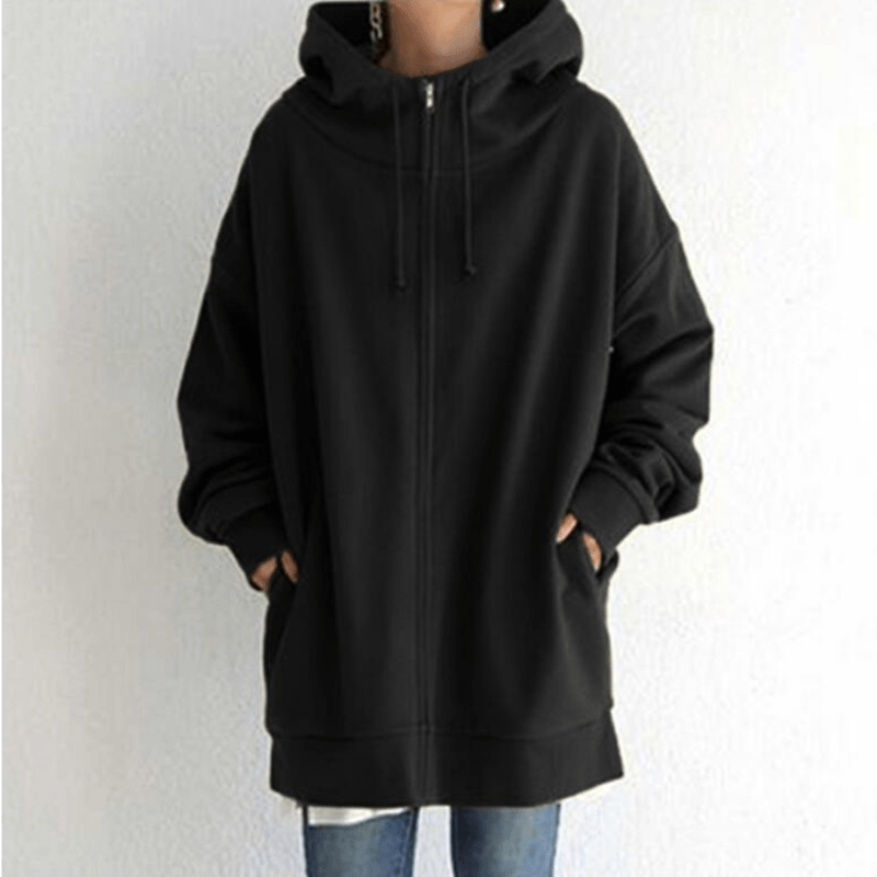 Schwarzer Kapuzenpullover mit Reißverschluss, Unisex, lässig, Baumwolle, modisch, bequem.