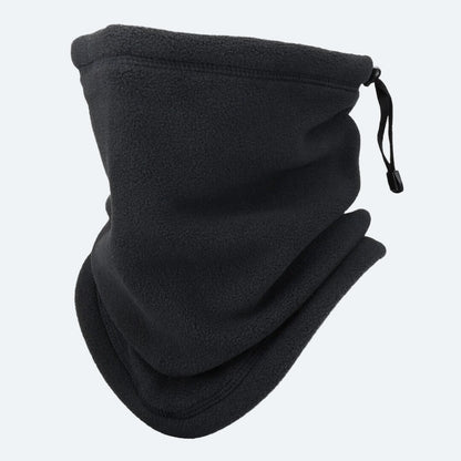 Schwarzer Fleece-Nackenwärmer mit Kordelzug, ideal für Outdoor-Aktivitäten im Winter.