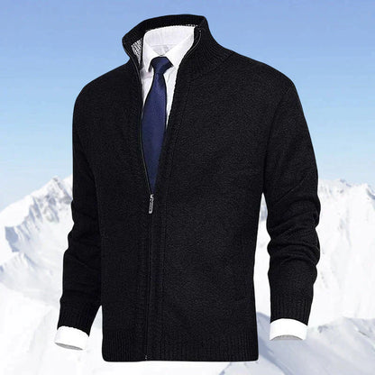 Schwarze Herren-Strickjacke mit Reißverschluss, eleganter Stil, ideal für Business-Outfits.