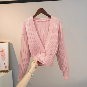 Rosa Strickjacke Damen, V-Ausschnitt, Knöpfe, Langarm, modisch, bequem, Herbstmode.