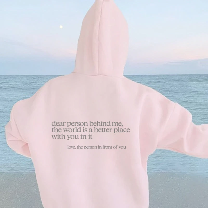 Rosa Kapuzenpullover mit Rückenaufdruck, lässige Mode, Strandhintergrund, Unisex Hoodie.