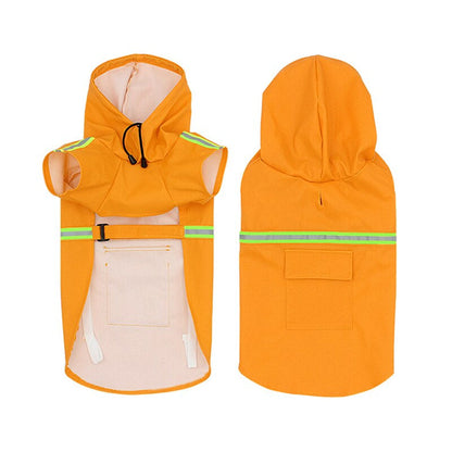 Orangefarbener Hunderegenmantel mit Kapuze, reflektierenden Streifen, wasserdicht, atmungsaktiv.