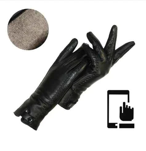 Schwarze Lederhandschuhe mit Touchscreen-Funktion, Futterdetail, elegant und funktional.