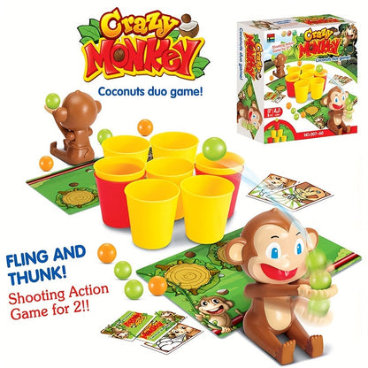 Spiel "Crazy Monkey" mit Affenfigur, gelben und roten Bechern, Wurfspiel für zwei Personen.