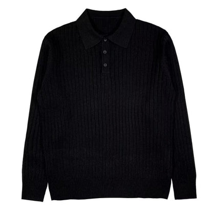 Schwarzer Strickpullover mit Kragen und Knopfleiste, Herrenmode, elegant, warm, klassisch.