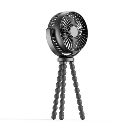 Schwarzer tragbarer Ventilator mit flexiblem Stativ, ideal für Reisen und Büro.