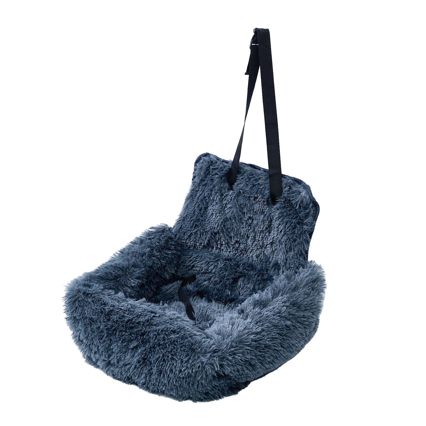 Graues, flauschiges Hundebett mit Sicherheitsgurt, ideal für Autositz, waschbar.