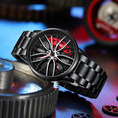 Schwarze Armbanduhr mit Autodesign, Edelstahlarmband, rotes Zifferblatt, Herrenmode-Uhr.
