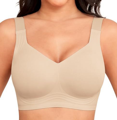 Beige sömlös bh med breda axelband, framifrån på modell, mjuka vågiga linjer nertill 1