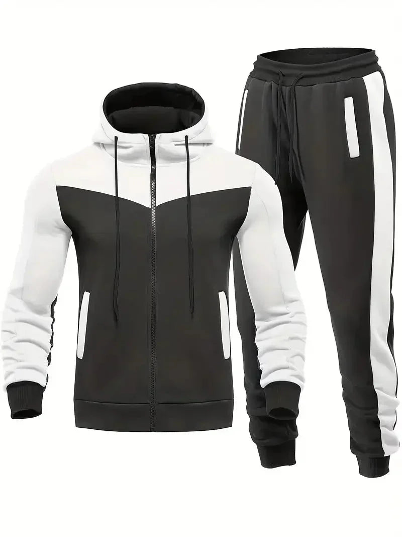 Schwarz-weißer Herren-Trainingsanzug mit Kapuze, Reißverschluss und Taschen, Sportbekleidung.