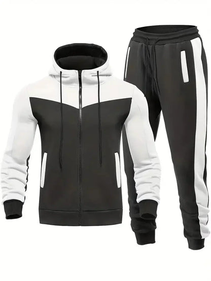 Schwarz-weißer Herren-Trainingsanzug mit Kapuze, Reißverschluss und Taschen, Sportbekleidung.