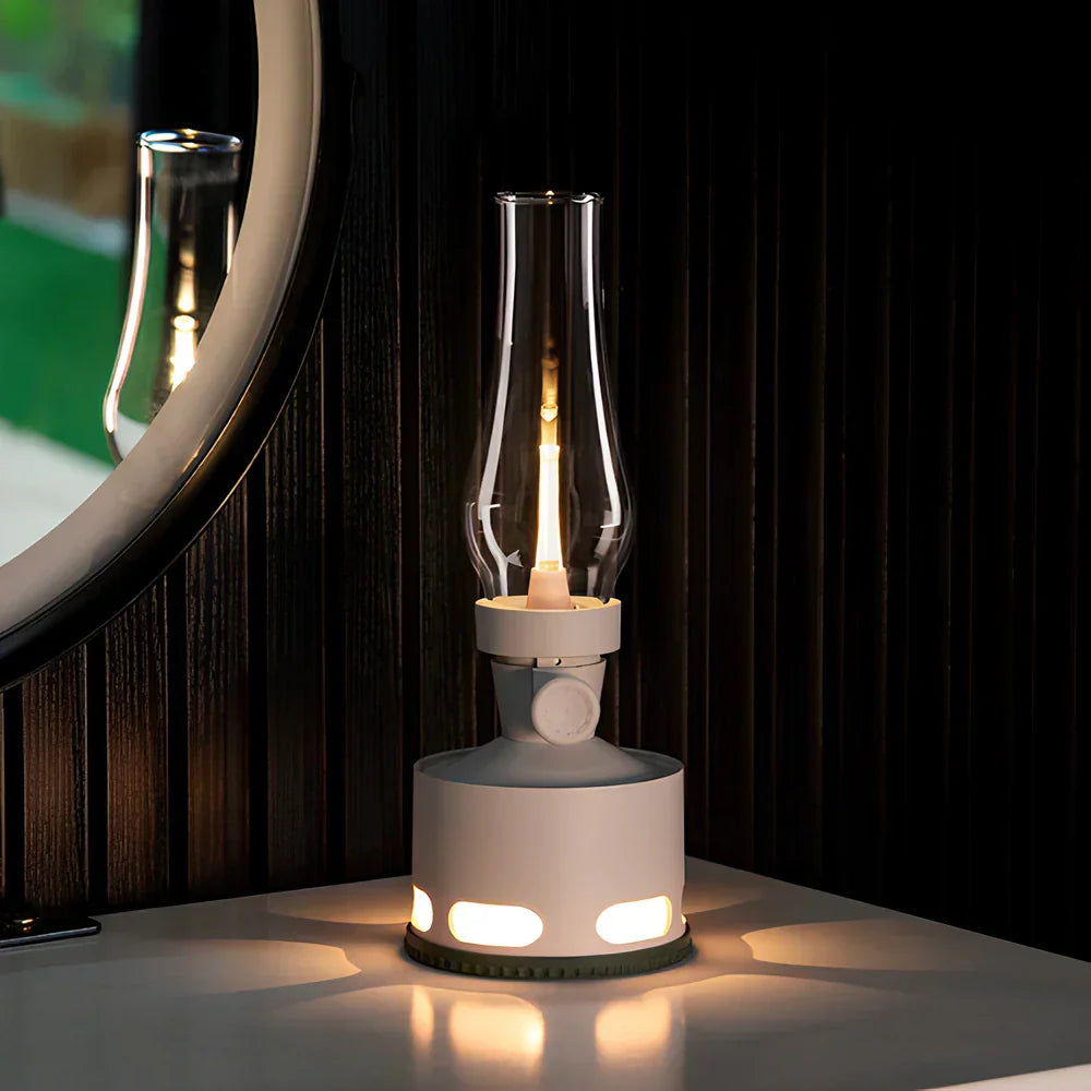 Moderne LED-Tischlampe in Weiß, Glaszylinder, dimmbar, stilvolles Design, Innenbeleuchtung.