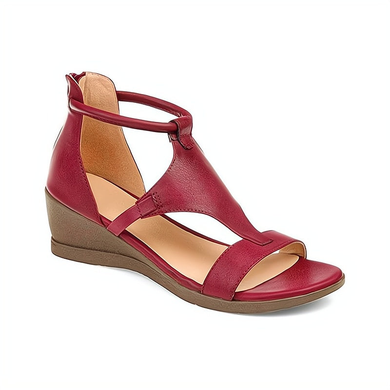 Damen Keilsandale aus rotem Leder, offenes Design, bequemer Sommerschuh, modisch.