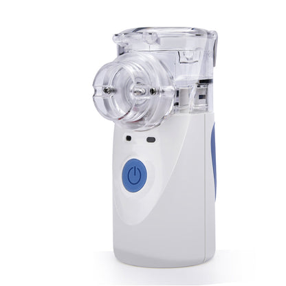 Tragbarer weißer Inhalator mit blauem Knopf, kompakt, für Atemwegstherapie, medizinisches Gerät.