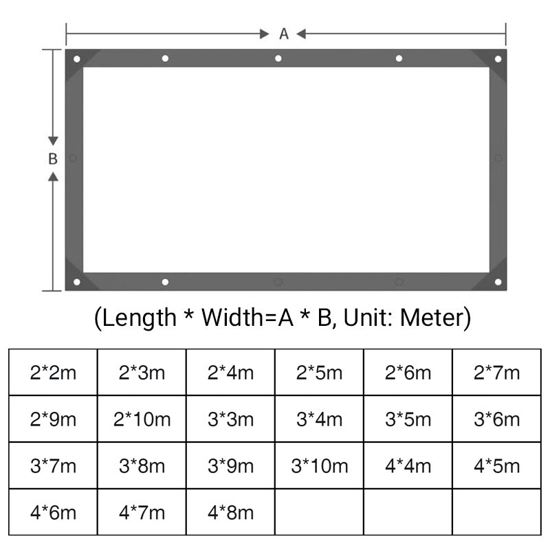 Måttschema över en rektangulär presenning med öglor och en tabell med tillgängliga storlekar från 2x2 till 4x8 meter. 9