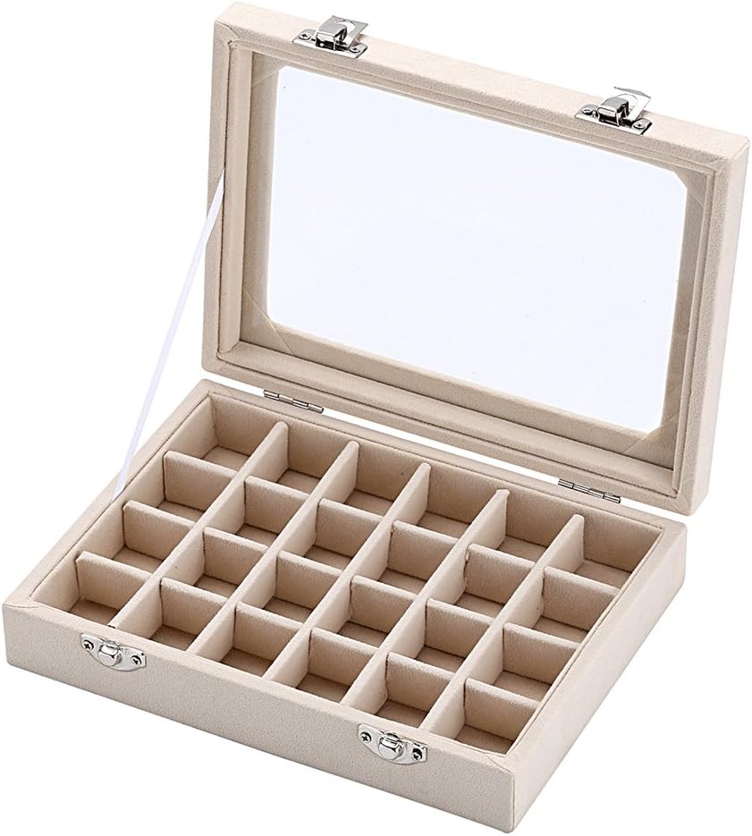 Beige Schmuckkästchen mit Glasdeckel, 24 Fächer, Aufbewahrung für Uhren und Schmuck.